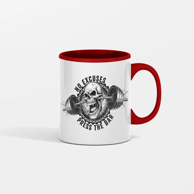 No Excuses Press The Bar Mug on gym bench with coffee and barbell
