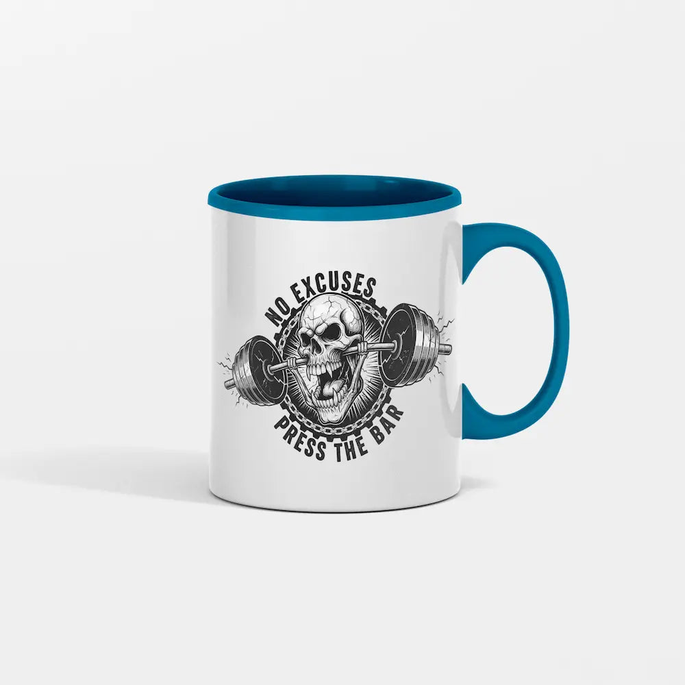 No Excuses Press The Bar Mug on gym bench with coffee and barbell