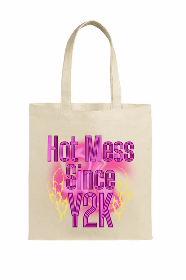 Hot Mess Since Y2K Tote Bag, eco-friendly canvas tote, humorous millennial nostalgia design
