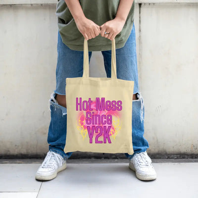 Hot Mess Since Y2K Tote Bag, eco-friendly canvas tote, humorous millennial nostalgia design
