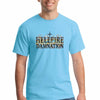 Hellfire Damnation T Shirt with bold flaming typography, distressed dark design