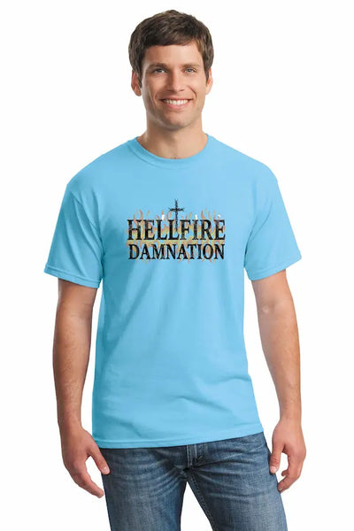 Hellfire Damnation T Shirt with bold flaming typography, distressed dark design
