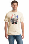 American Pride T Shirt with bold minimalist patriotic design worn casually