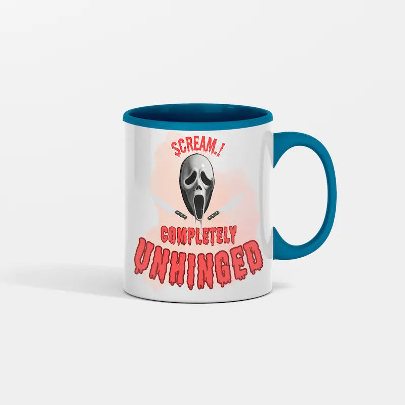 Scream Completely Unhinged Coffee Mug with bold, distressed typography on clean white ceramic