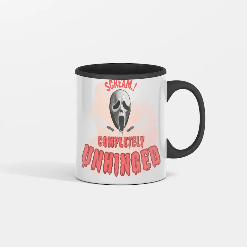Scream Completely Unhinged Coffee Mug with bold, distressed typography on clean white ceramic