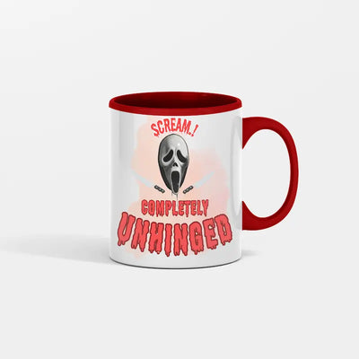 Scream Completely Unhinged Coffee Mug with bold, distressed typography on clean white ceramic