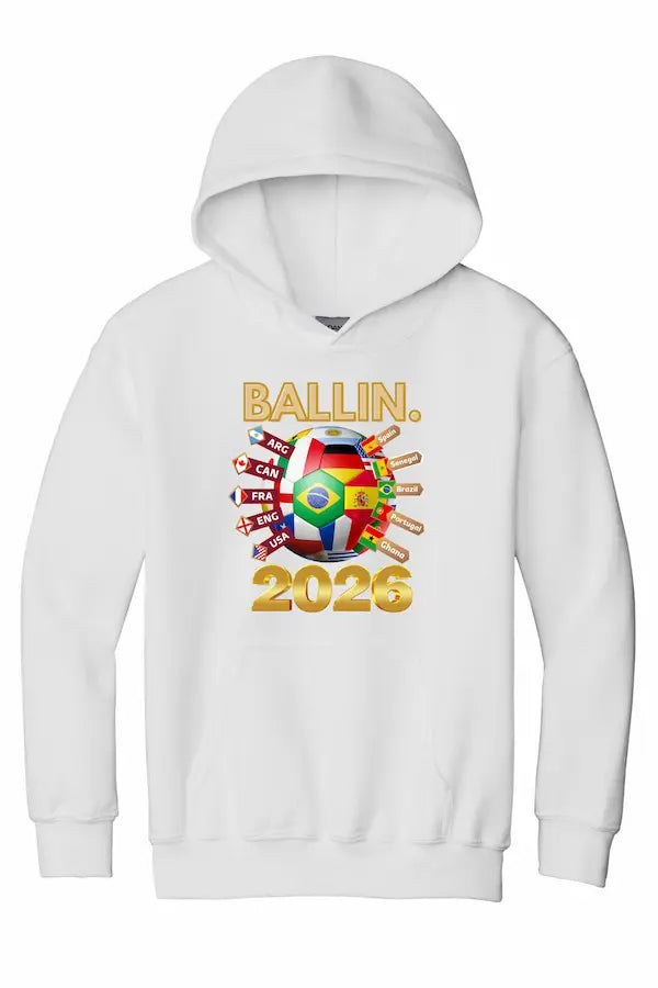 Ballin 2026 World Cup Youth Hoodie worn by young soccer fan in casual setting