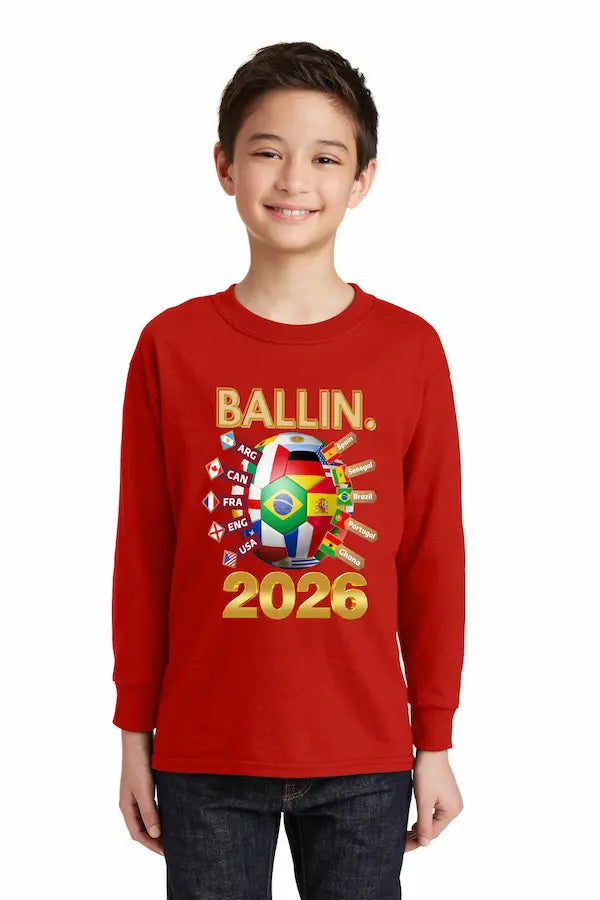 Ballin World Cup 2026 Kids long sleeve t shirt worn by young soccer fan