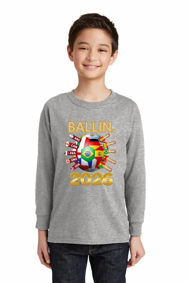 Ballin World Cup 2026 Kids long sleeve t shirt worn by young soccer fan
