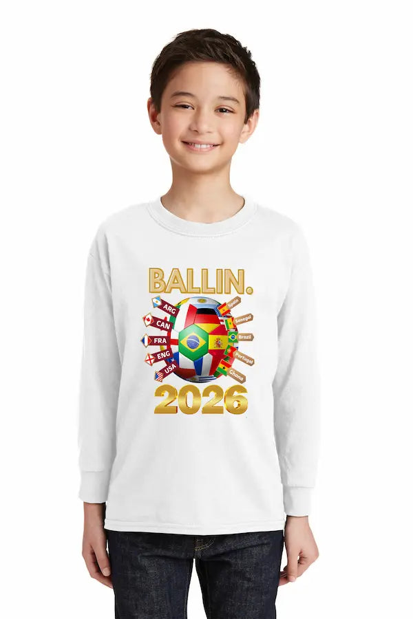 Ballin World Cup 2026 Kids long sleeve t shirt worn by young soccer fan