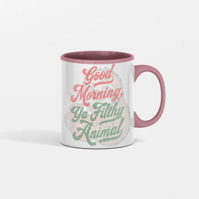 Good Morning You Filthy Animal Coffee Mug with bold black typography on white ceramic, sarcastic morning humor design