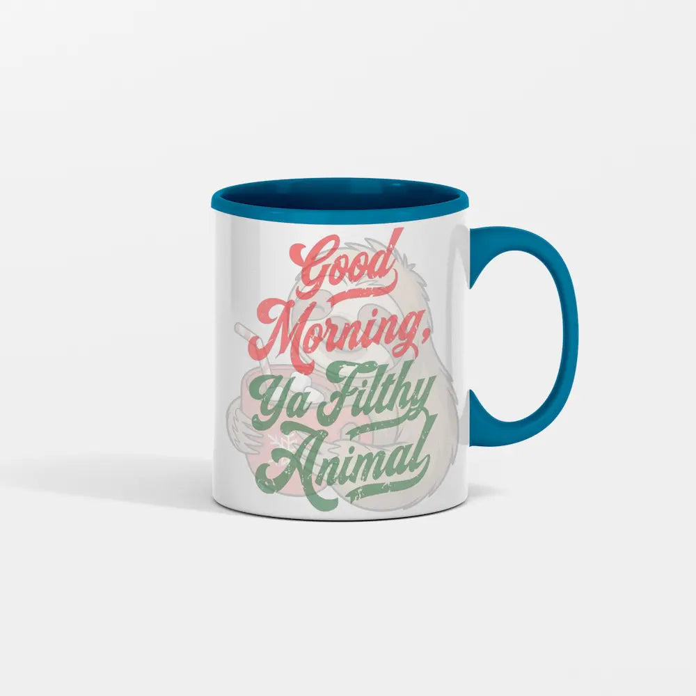 Good Morning You Filthy Animal Coffee Mug with bold black typography on white ceramic, sarcastic morning humor design