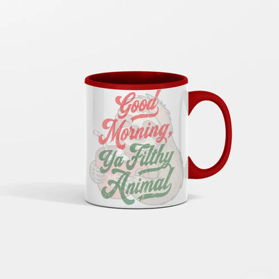Good Morning You Filthy Animal Coffee Mug with bold black typography on white ceramic, sarcastic morning humor design