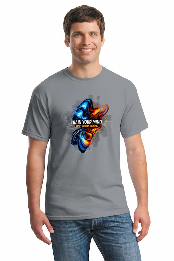 Y2K psychedelic “Train Your Mind Like Your Body” T-shirt with neural design