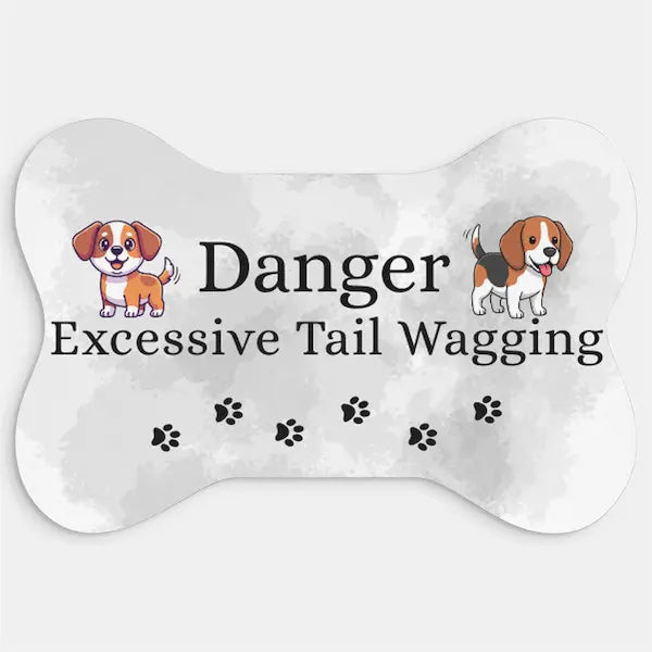 Excessive Tail Wagging Bowl Mat under dog food bowls, showcasing dog humor