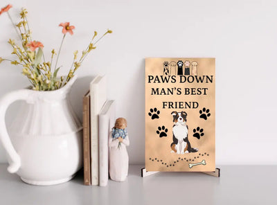 Pet humor dog plaque reading “Paw’s Down Man’s Best Friend” mounted on wall