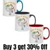 Hand-drawn swirling international flag design on a ceramic coffee mug celebrating World Cup fan culture parody.