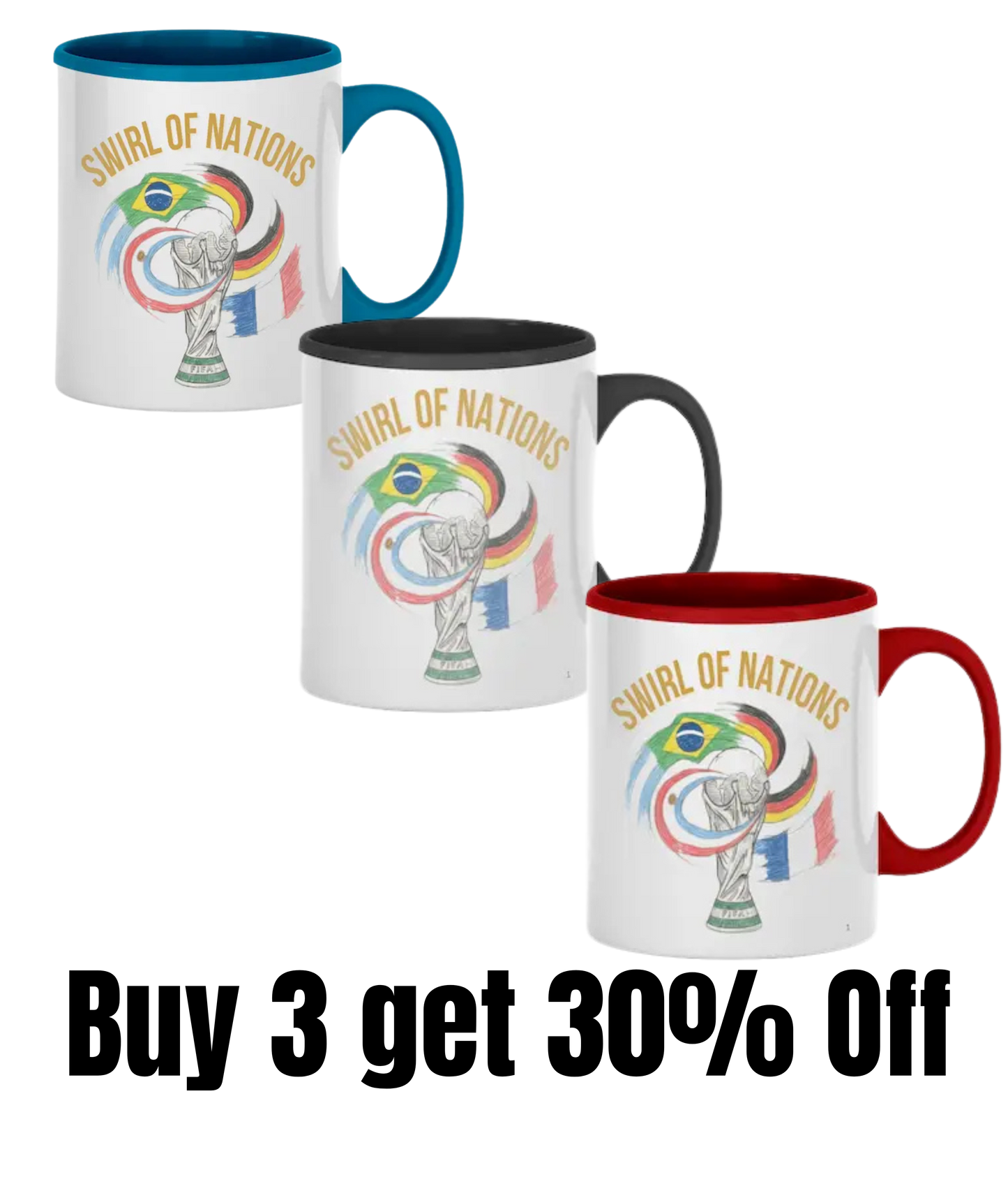 Hand-drawn swirling international flag design on a ceramic coffee mug celebrating World Cup fan culture parody.