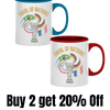 Hand-drawn swirling international flag design on a ceramic coffee mug celebrating World Cup fan culture parody.