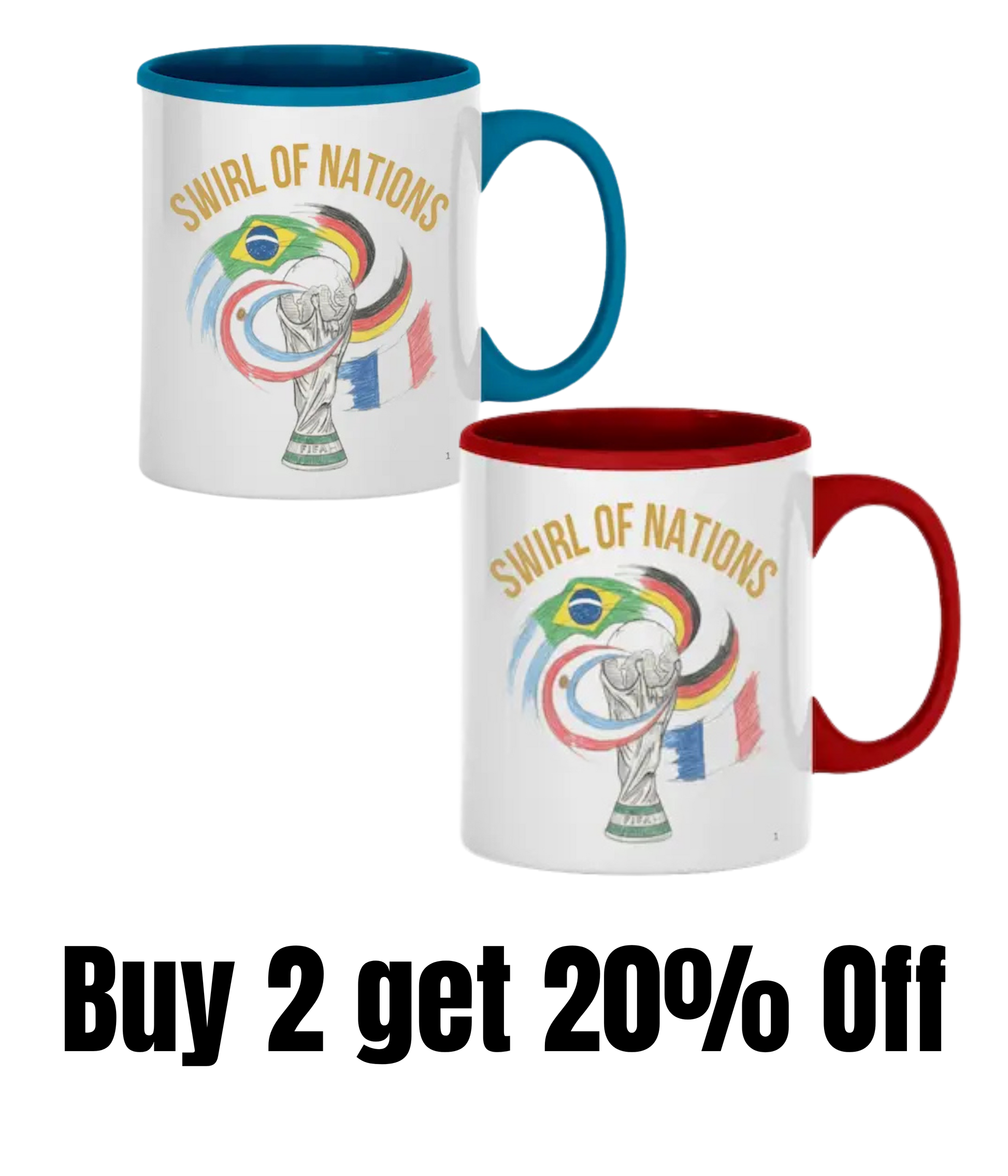 Hand-drawn swirling international flag design on a ceramic coffee mug celebrating World Cup fan culture parody.