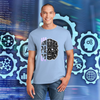 Futuristic robotic-themed T-shirt design showing a detailed mechanical core with glowing cybernetic elements in bold metallic colors.