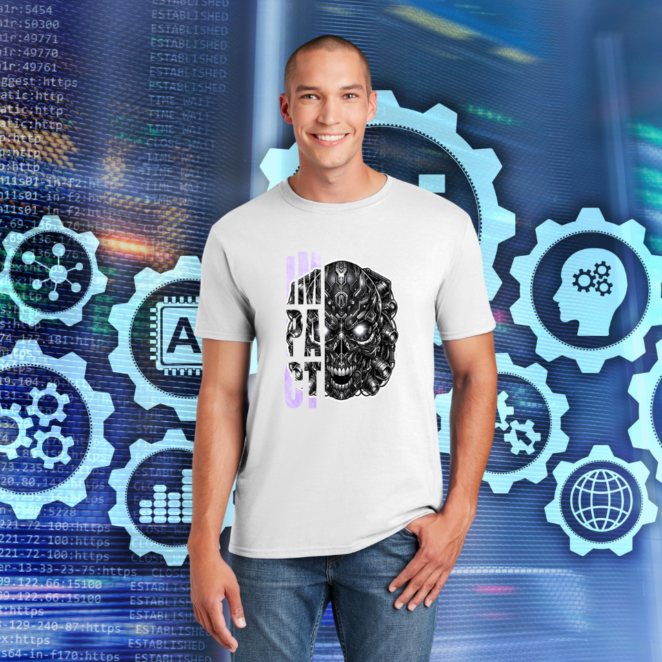Futuristic robotic-themed T-shirt design showing a detailed mechanical core with glowing cybernetic elements in bold metallic colors.