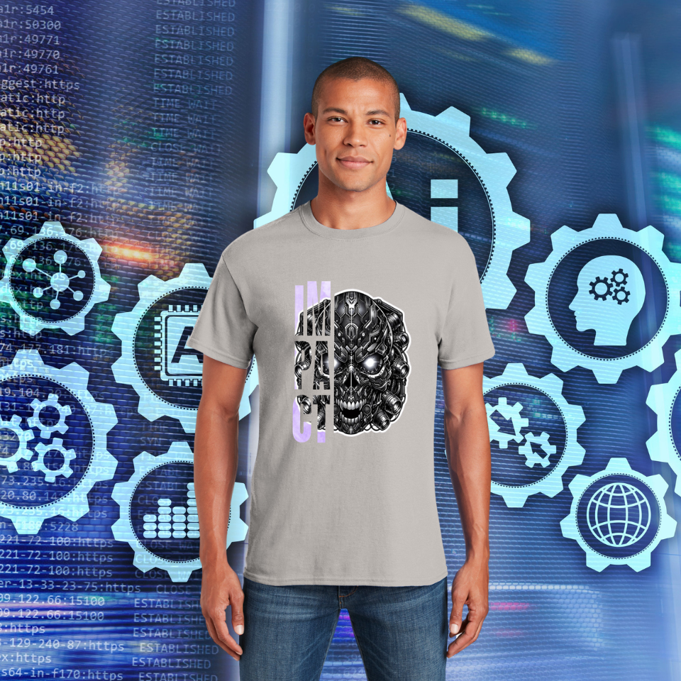 Futuristic robotic-themed T-shirt design showing a detailed mechanical core with glowing cybernetic elements in bold metallic colors.