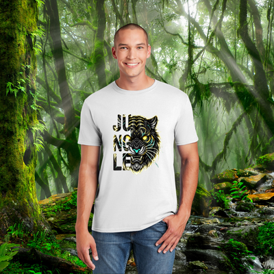 Cyberpunk-style neon tiger T-shirt featuring a glowing futuristic jungle beast in vibrant blues, pinks, and purples on a black background.